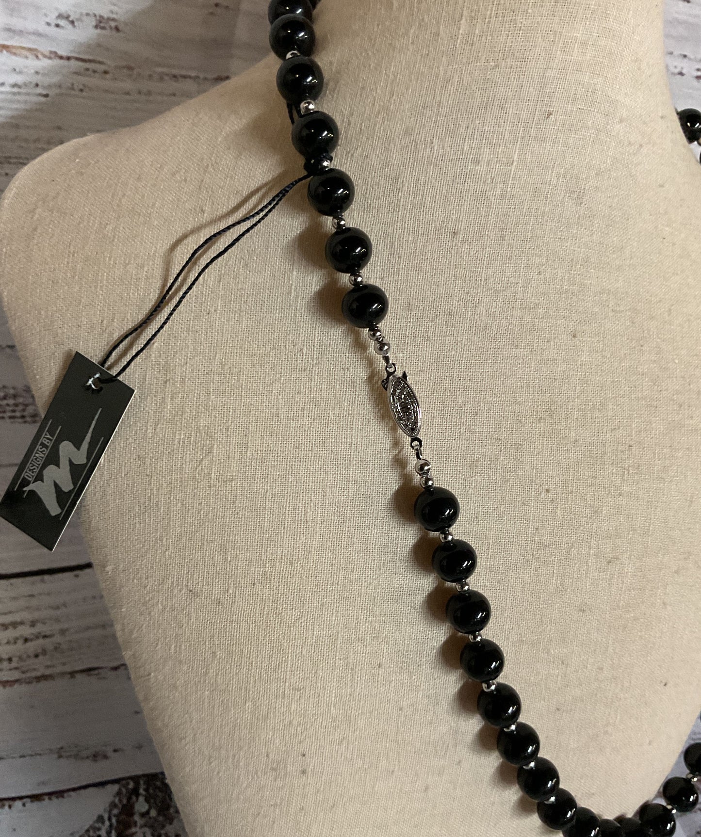 Faux Black Onyx Glass Beads Silver Clasp Necklace Made in Japan