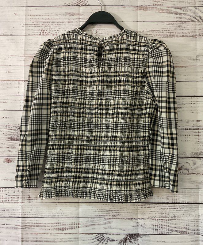 NWT Women's Ann Taylor Black White and Beige Plaid LS Top Size S