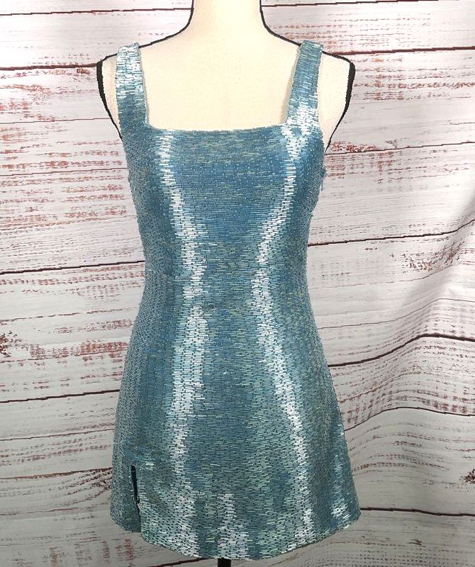Staud Le Sable Beaded Mini Dress French Blue S