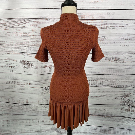 A.L.C Burnt Orange Aston Short Sleeve Smocked Mock Neck Mini Dress - Size S