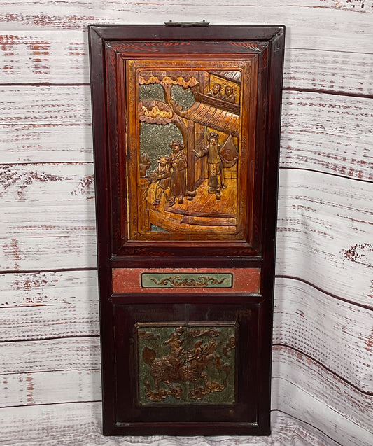 Vintage Set of 2 Chinese Asian 35" Wood Wall Panels Multicolor