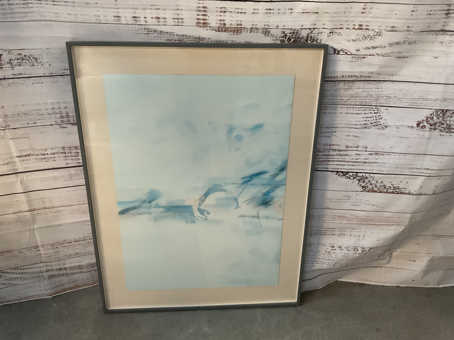 VTG. Blue White Hues Abstract Lithograph- FRAMED 41.75" X 32"