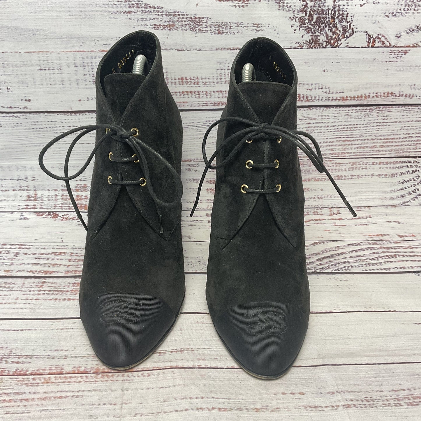 Chanel Black Suede Ankle Boot Heel Bootie Pearl Accent Women Size 6.5