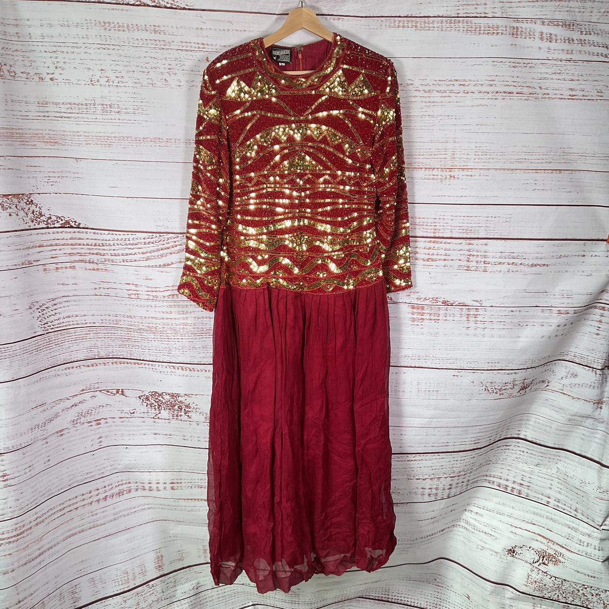 Semi Queen Red Silk Gold Bead Sequin Long Sleeve Dress - Size L