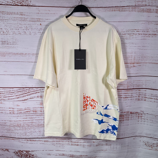 Embellish NYC Freedom Cream Embroidered Flag Print T-shirt - Size L New W/ Tags