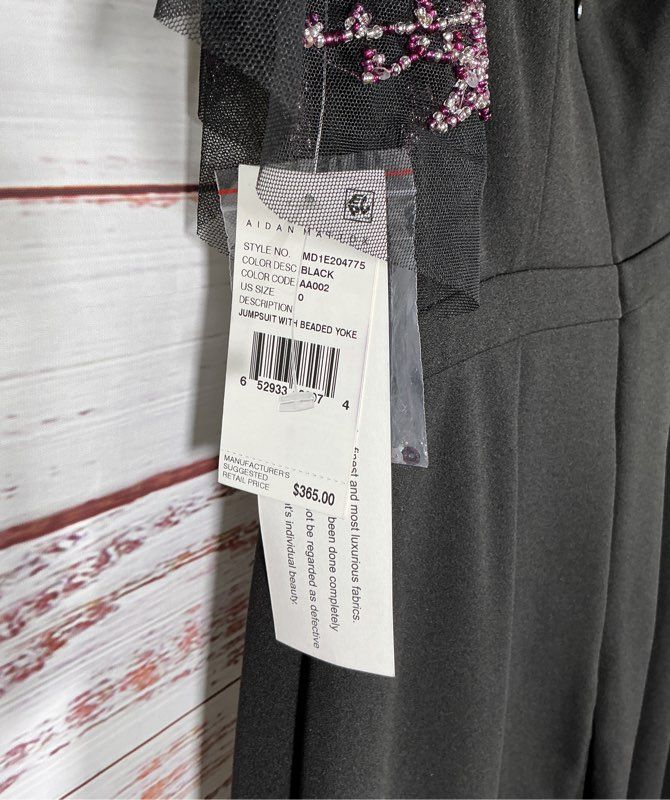 NWT Aidan Mattox Black Jumpsuit with Beaded Yoke Size 0 Retail $365