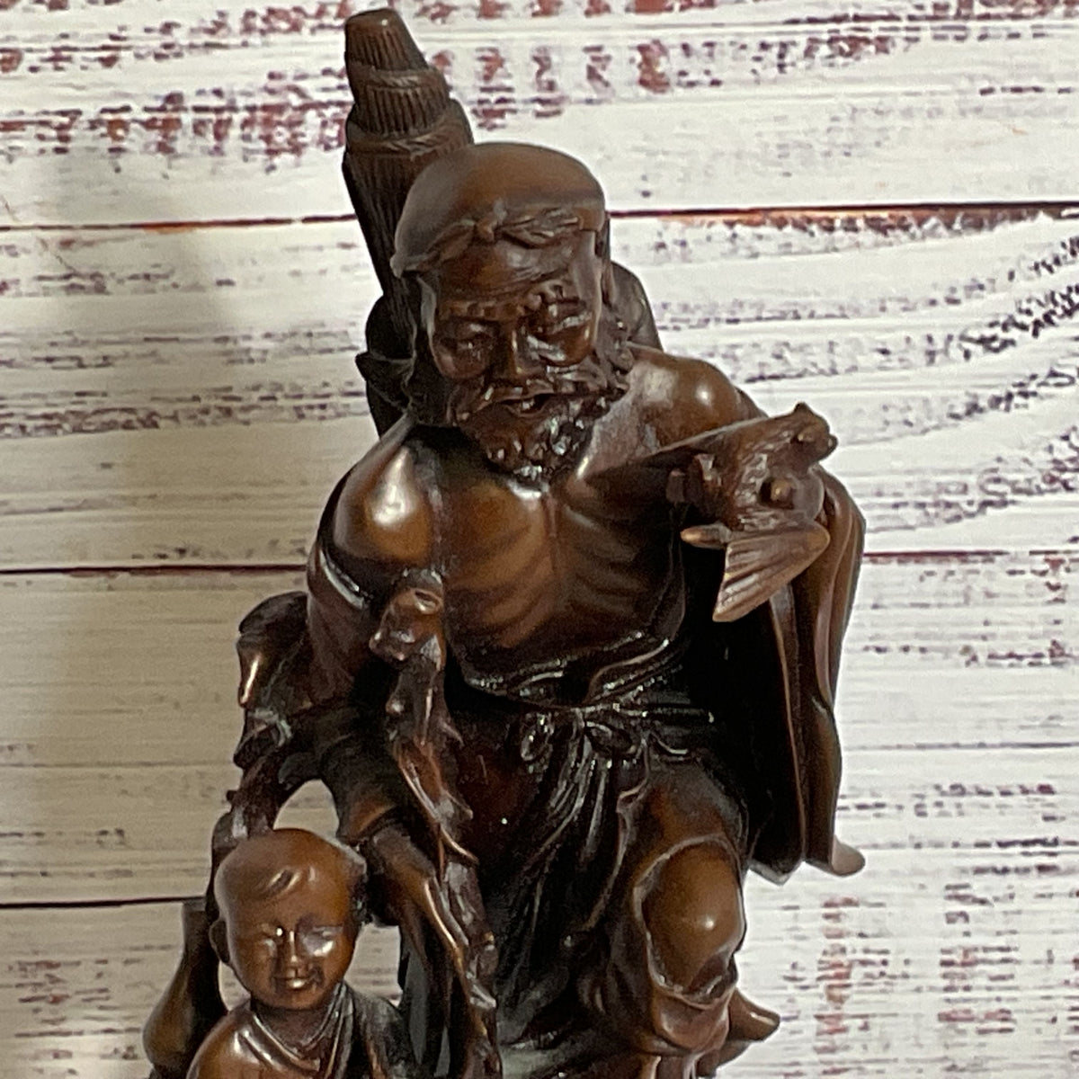 VTG./ANTIQUE Wood Carved Chinese Man, Child and Bat- 9"