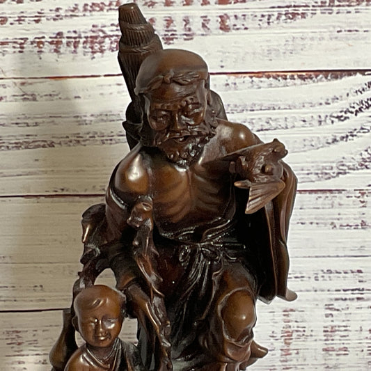 VTG./ANTIQUE Wood Carved Chinese Man, Child and Bat- 9"
