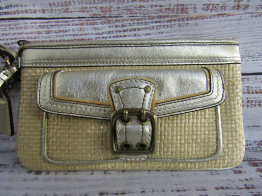 Vintage Coach Legacy 113 Women's Beige Leather Trim Straw Wristlet Wallet