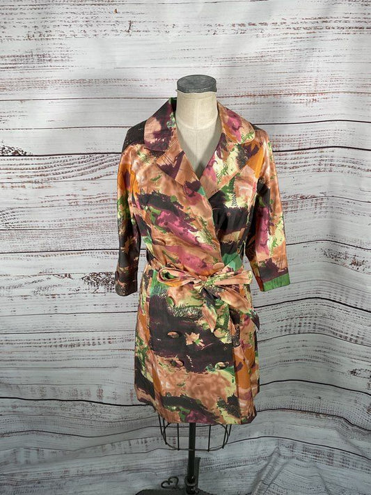 Women's Vertigo Paris Multicolor Landscape Print Double Breasted Trench Coat M