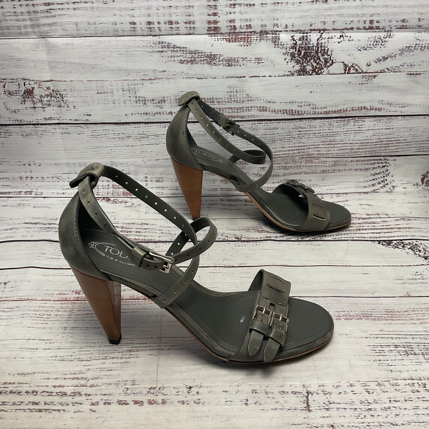 Tod's Grey Leather Ankle Strap Sandal Heel Women Size 8