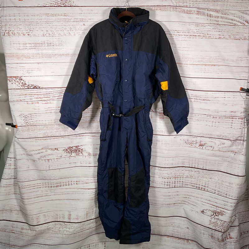 Columbia Blue/Black/Yellow Retro Belted Ski Snow Jumpsuit - Size M