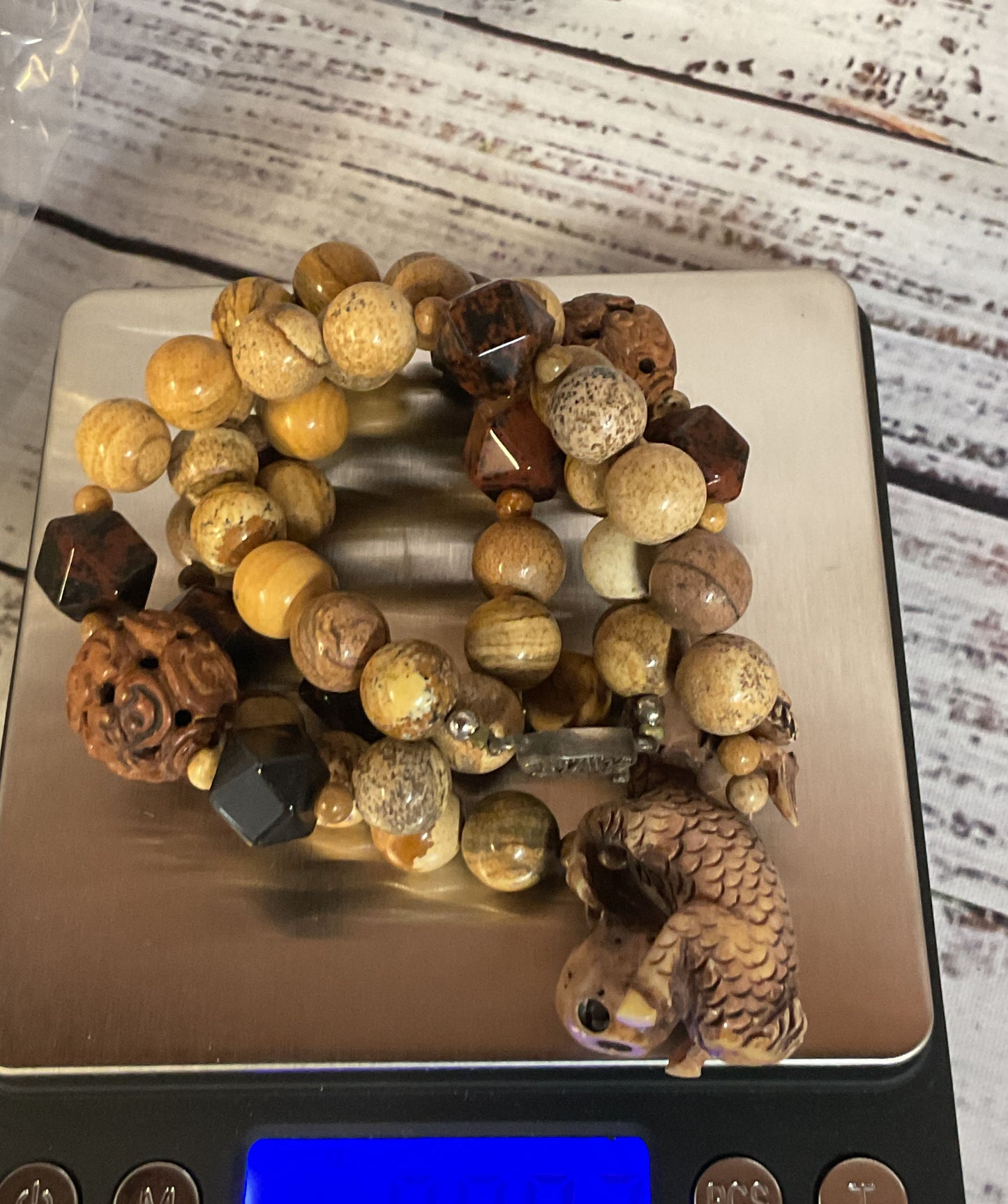 Jasper Beaded Carved Wood Dragon Pendant Vintage Necklace Silver Filigree Clasp