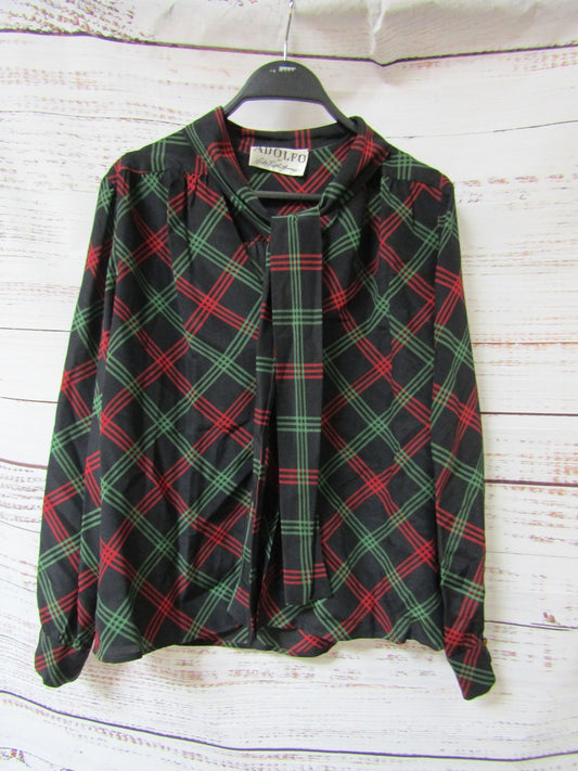Vintage Adolfo at Saks Fifth Avenue Women's Red Green Plaid Silk Blouse Size S