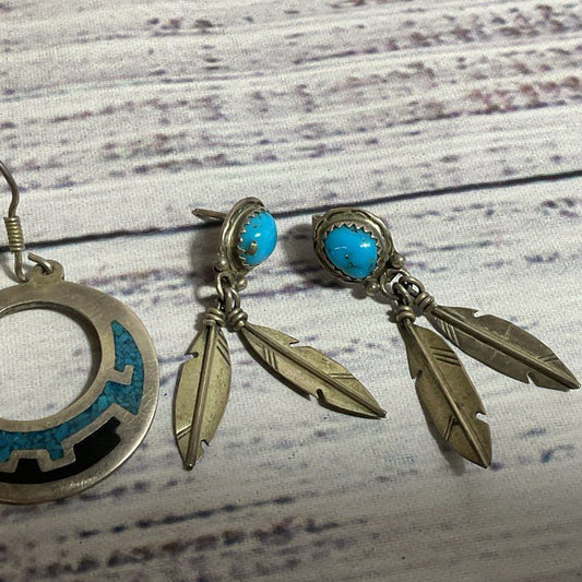 Set of 3 Mexico and Native Sterling Earrings- 23.39g (2 PAIRS & ONE SINGLE)