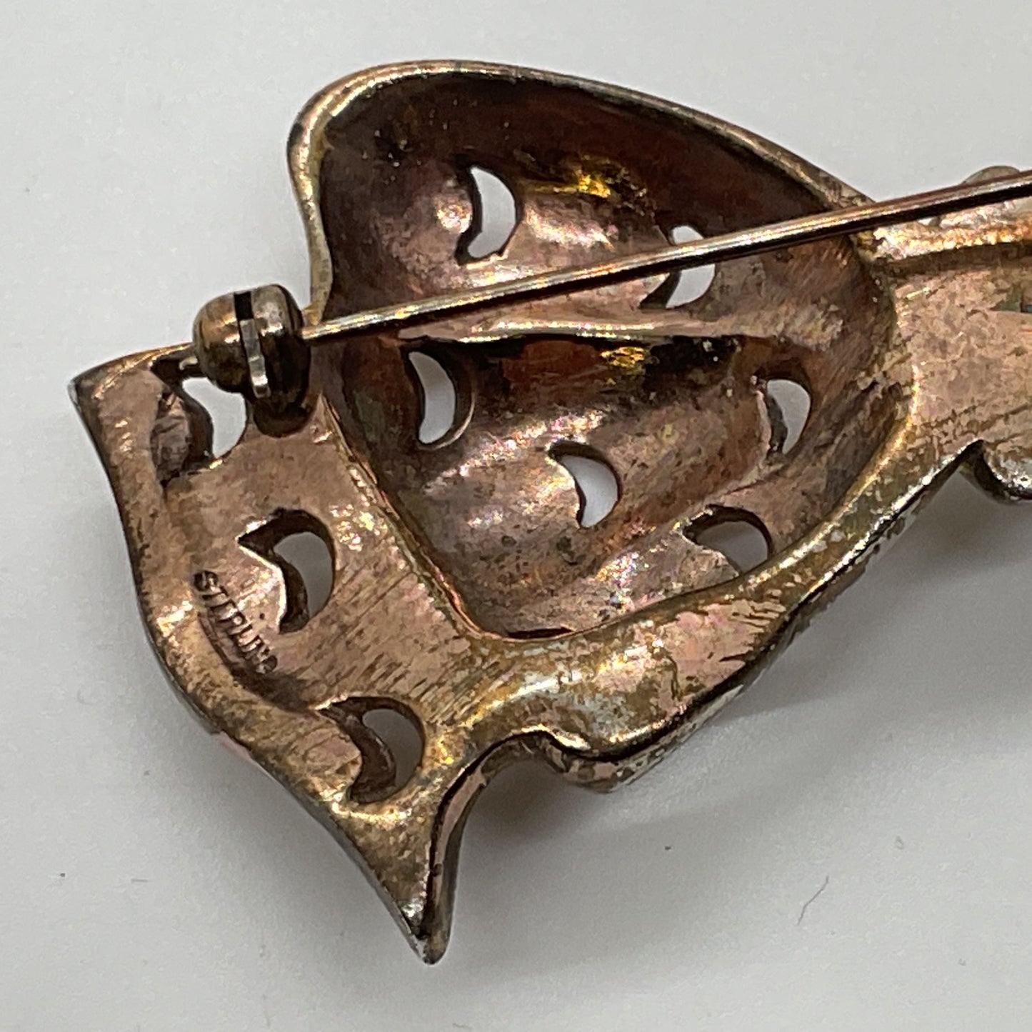 VTG. REJA Sterling Silver Vermeil Rhinestone 2.5" Bow Brooch- 21.91g