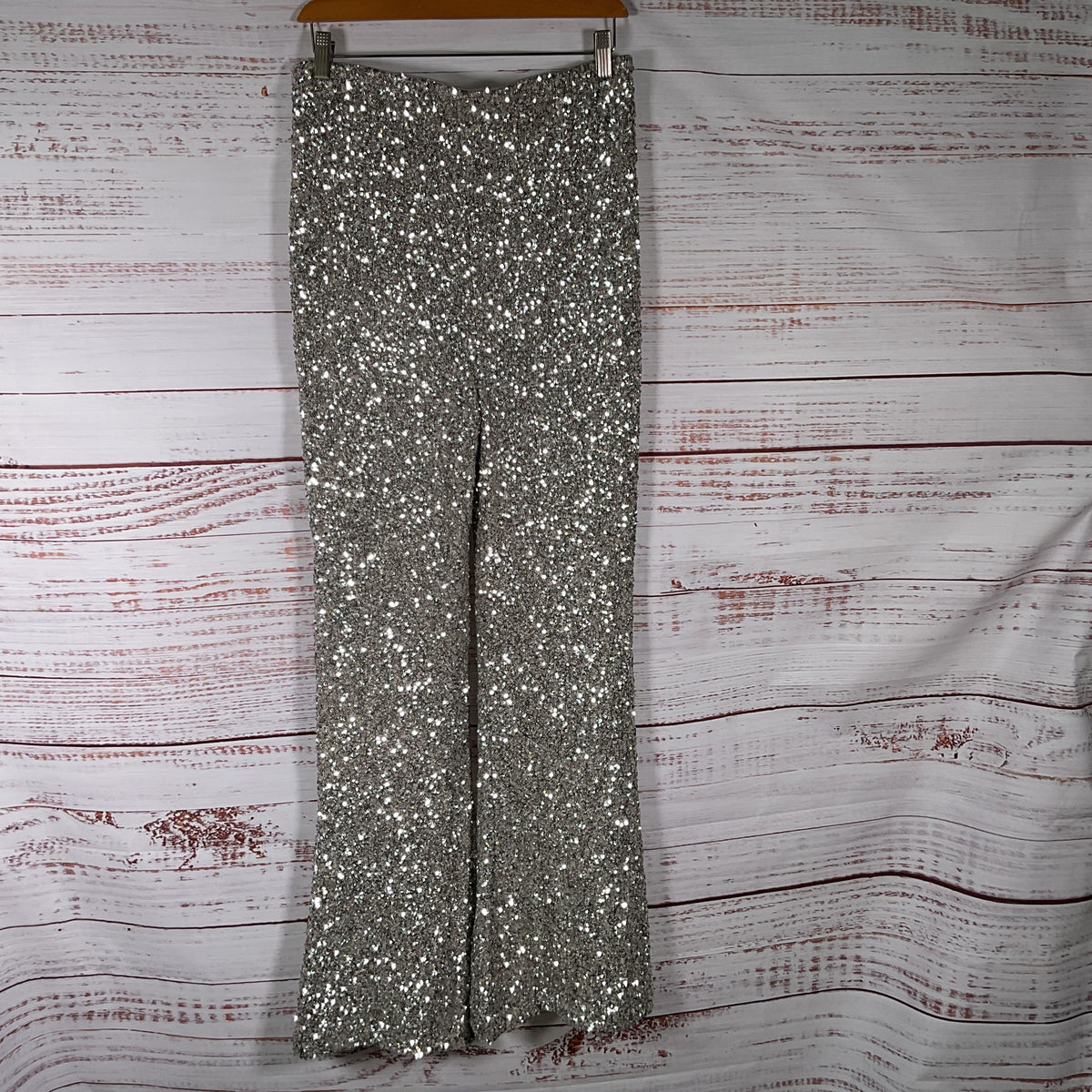 NWT EXPRESS Women's Silver Sequin High Waist Wide Leg Pants-SZ M