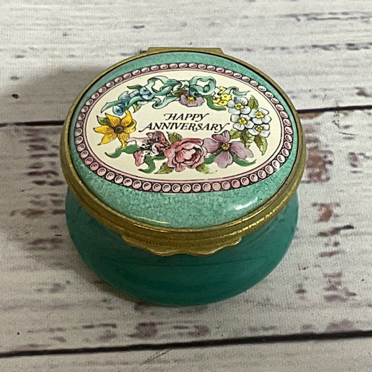 VTG HALCYON DAYS "Happy Anniversary" Enamel Trinket Box- 2" (LID NEEDS GLUED ON)