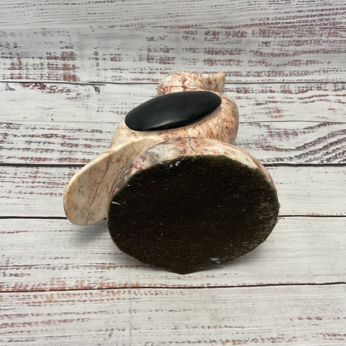 Pink Marble Carved Duck Black Stone Wings On Pedestal 7.5"