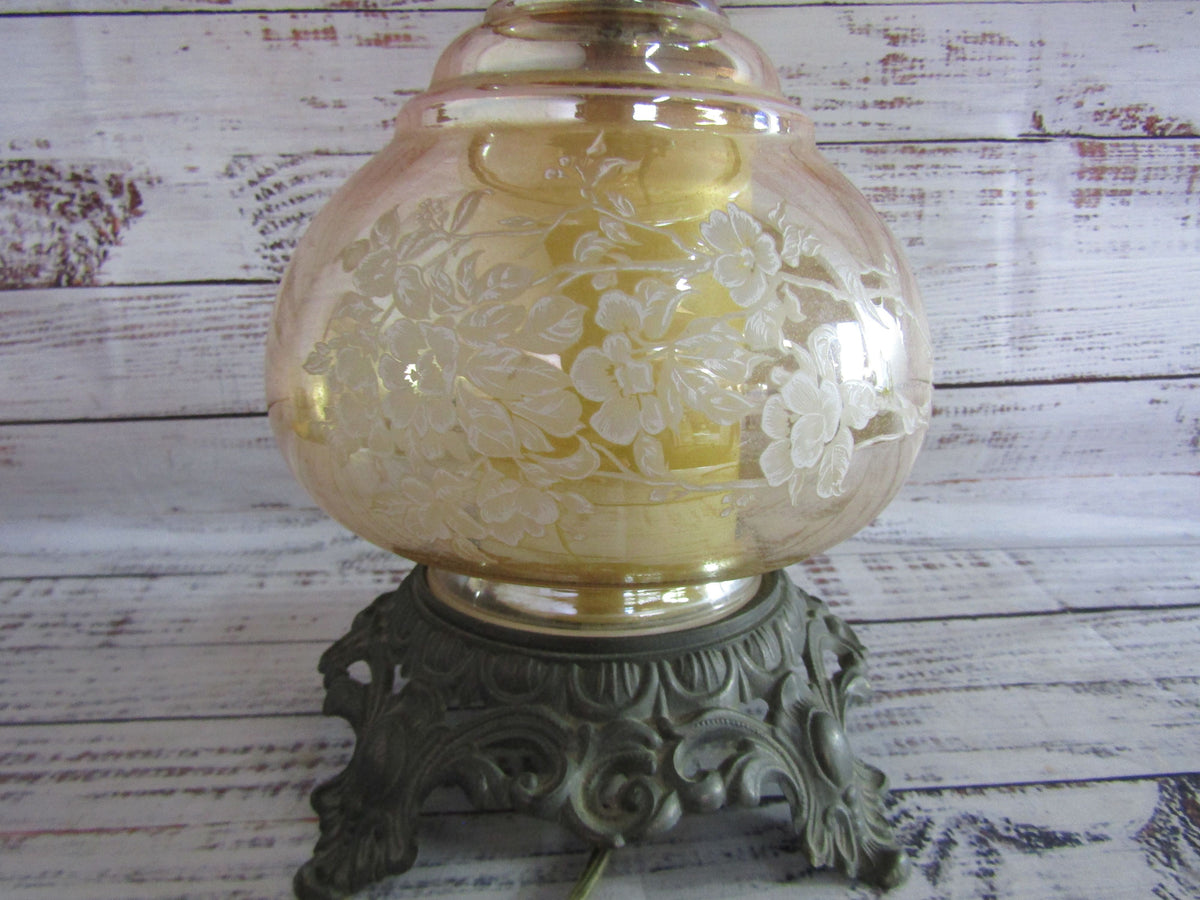 Antique Repurposed Ornate Floral Etched Hurricane Lamp