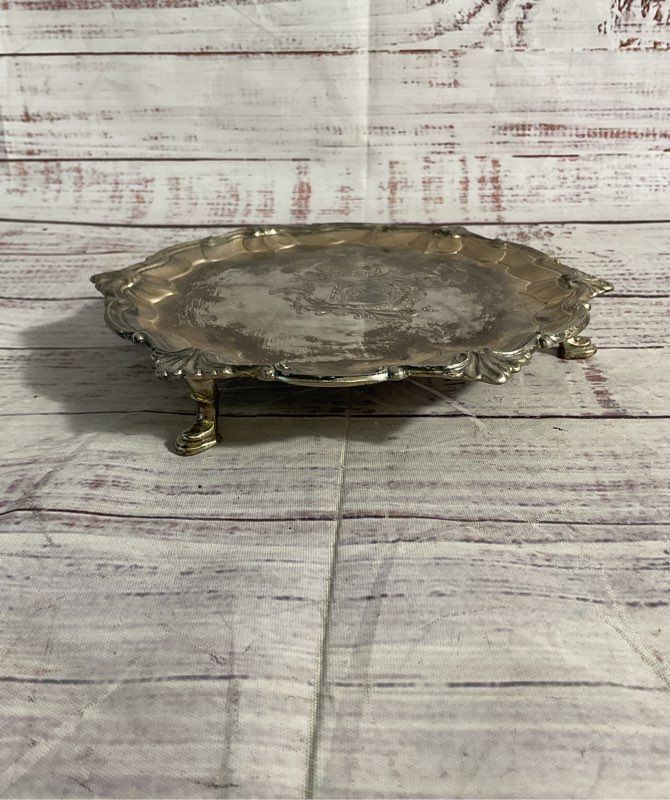Vintage Silver Plated Ornate Footed Tray With Swan Crest 6.5"