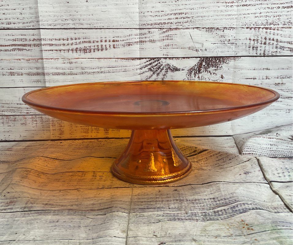 Vintage Hand Painted 13" Glass Cake Tray Tangerine