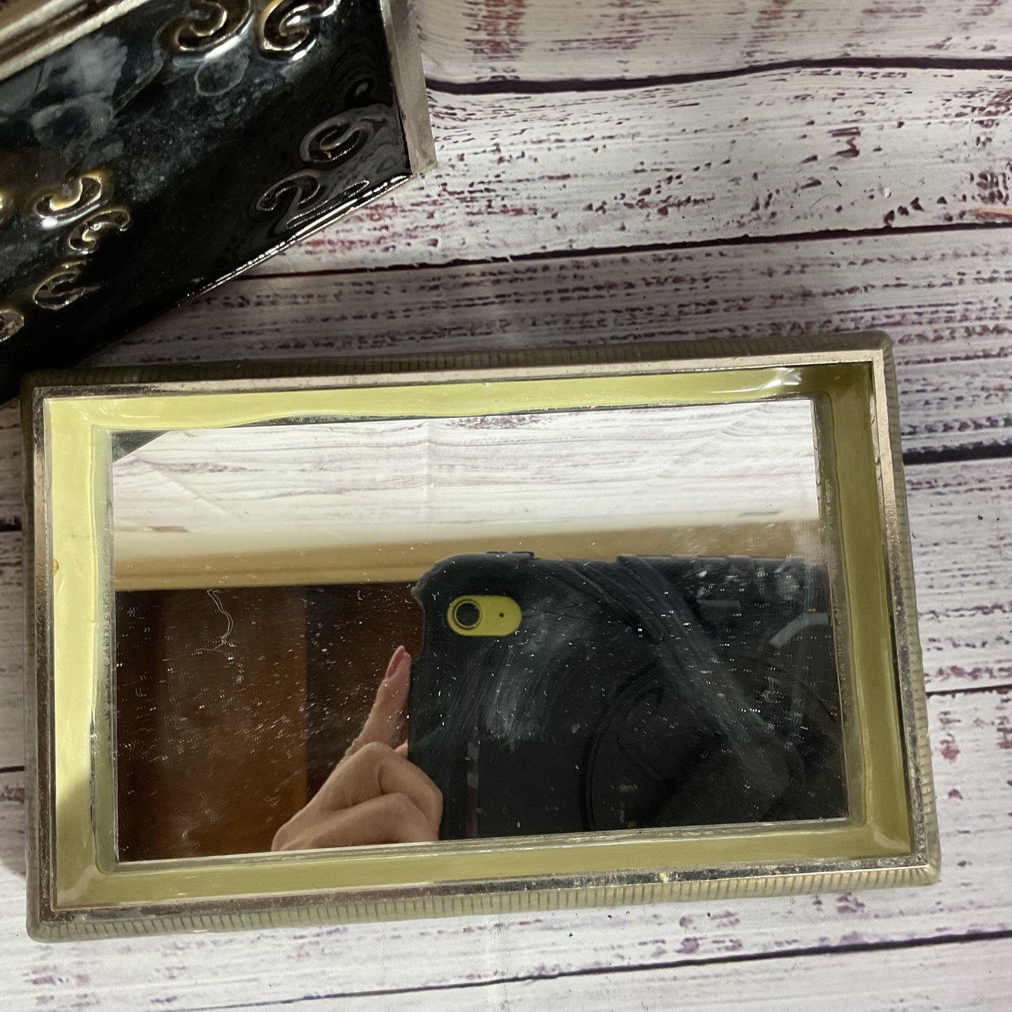 VTG. Ornate Enamel Mirrored Metal Jewelry Trinket Box-4.5" x 7.25"