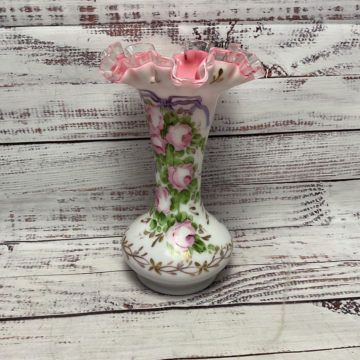 Fenton Hand Painted Pink Floral Flower Roses Milk Glass Clear Ruffled Rim 8"