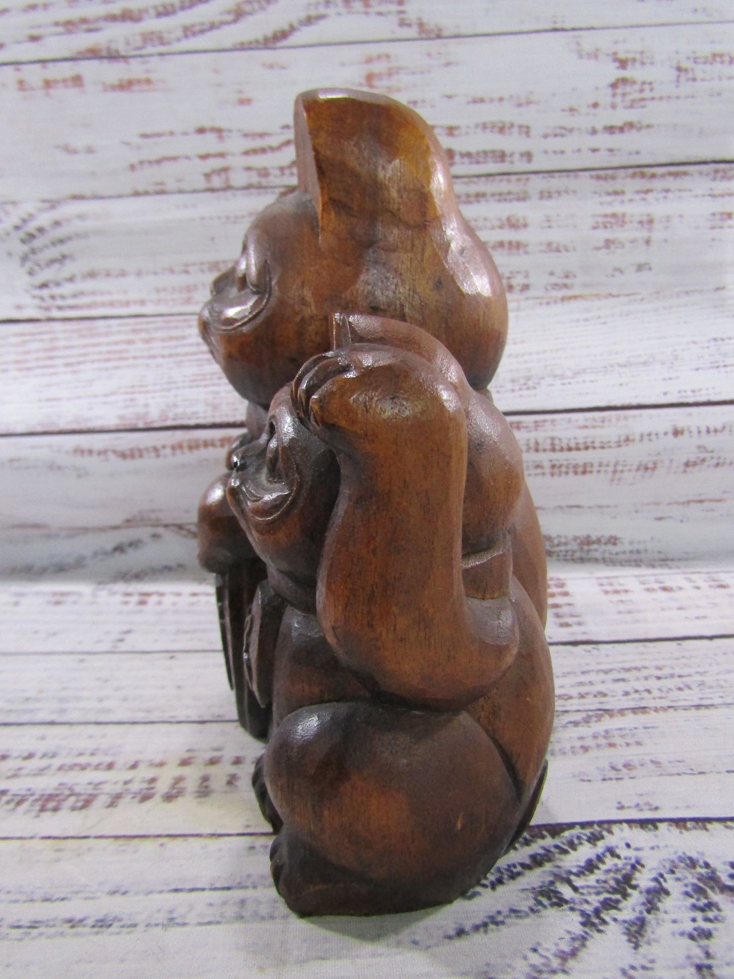 Vintage Hand Carved Wooden Maneki Neko Family Figurine