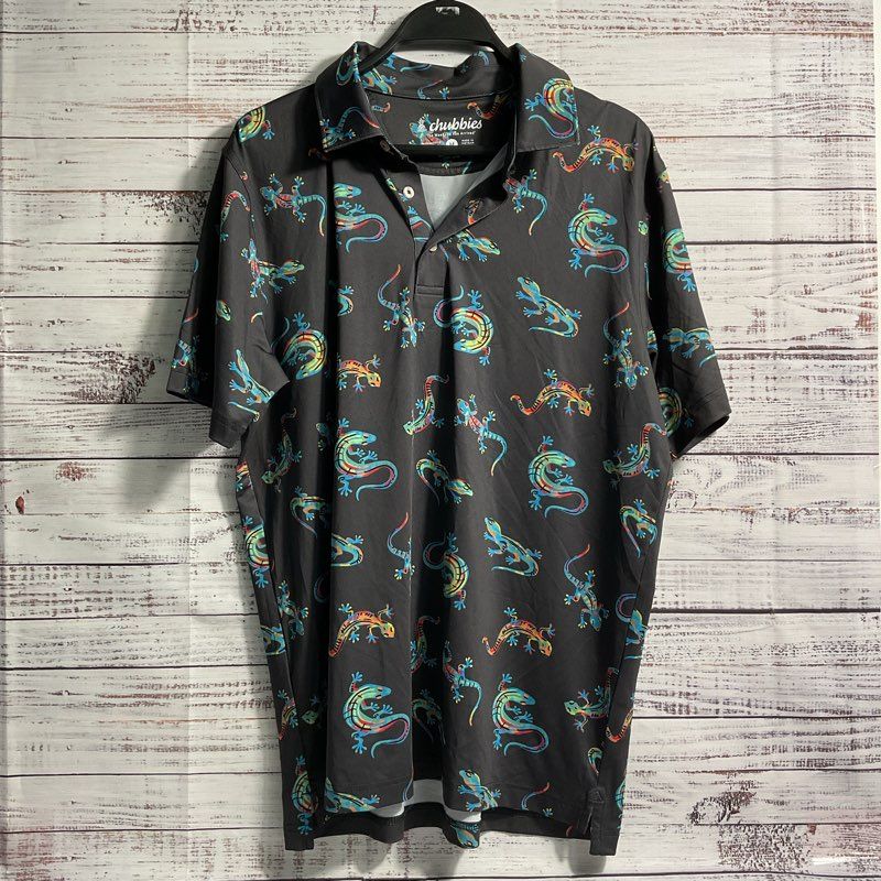 Chubbies Charcoal Gray Lizard All Over Print Polo Shirt - Size M