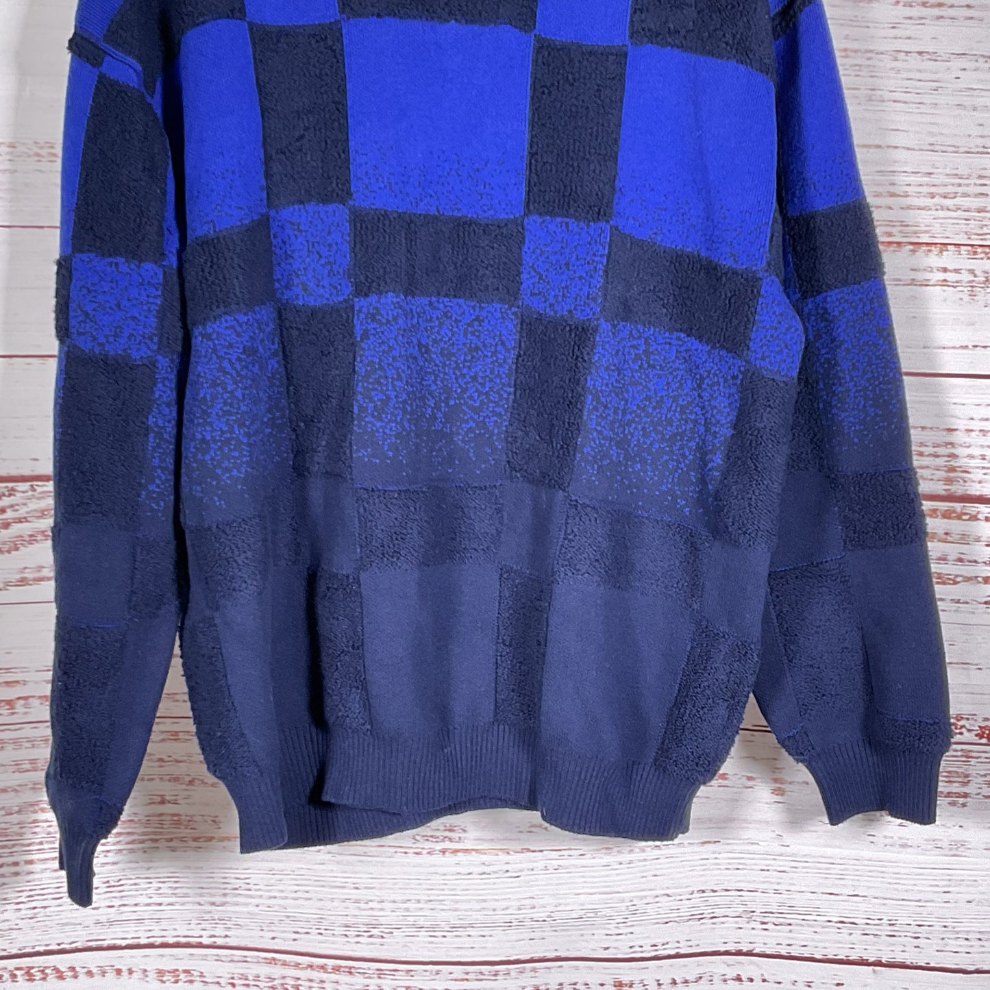 PERCIVAL Men's Blue Color Block Checkered Crew Sweater- SZ M