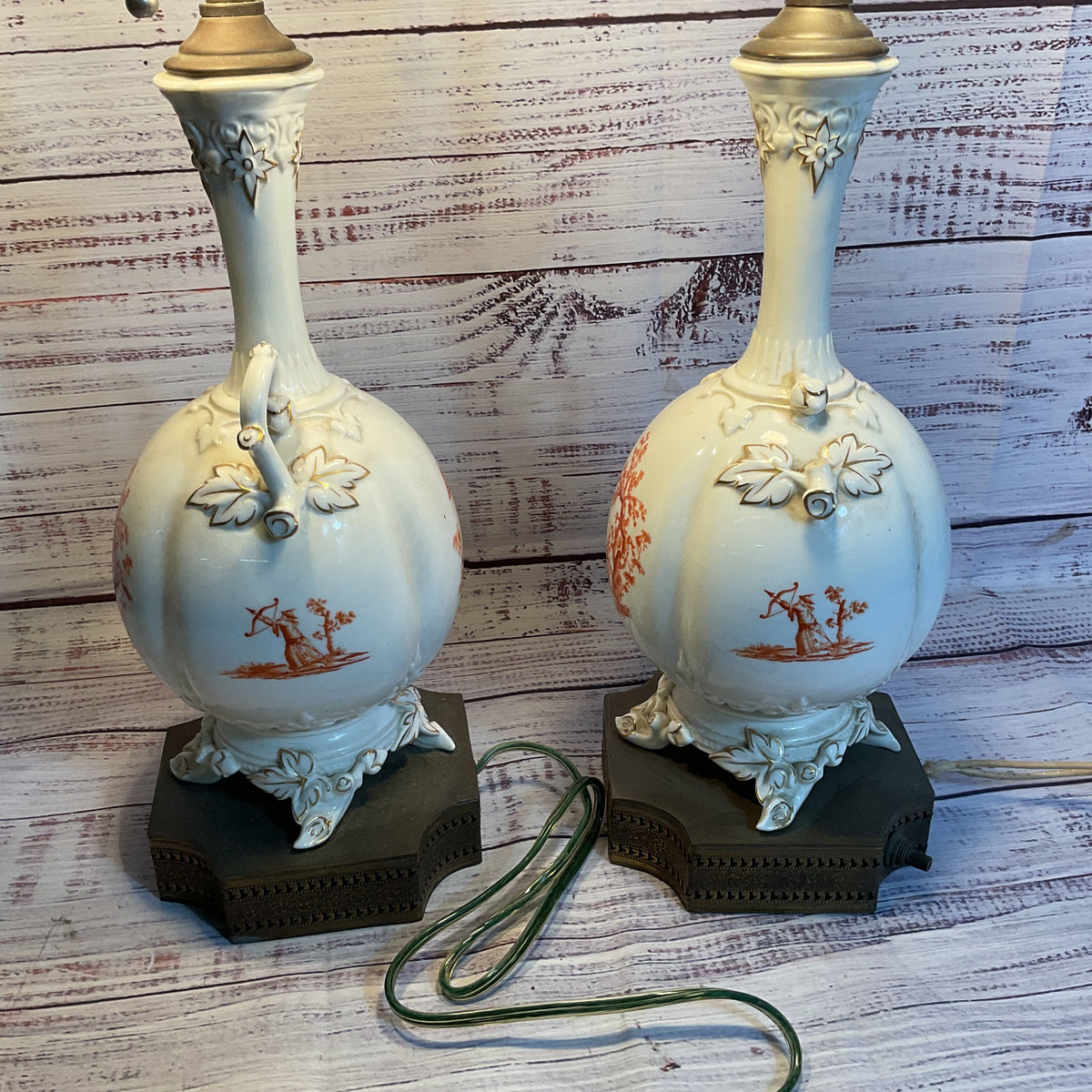 Pair of ANTIQUE French Hand Painted Porcelain Lamps- NO SHADES