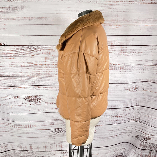Express Faux Fur Faux Leather Tan Quilted Puffer Jacket - Size M New W/ Tags