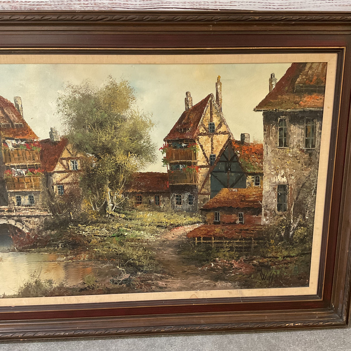 European German Village River Bridge Oil Painting Impressionist by W. Hans 32x56