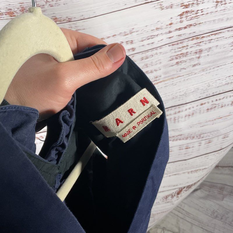 Marni Cross Ruffle V-Neck Light Navy Silk Blend Sleeveless Mini Dress - Size 44