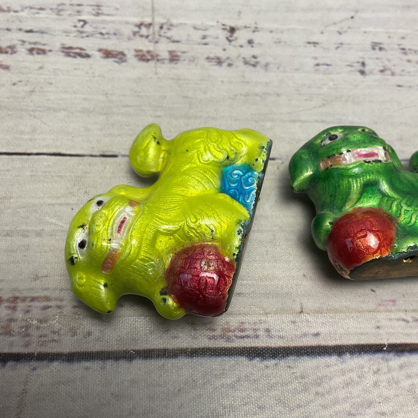 Vintage Cloisonne Green & Yellow Enamel Foo Dogs Pair of 2