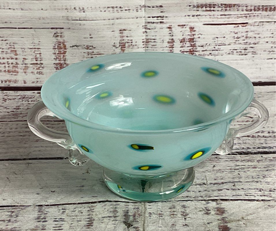 Modern Signed Hand-Blown Art Glass Double-Handled Small Bowl Blue
