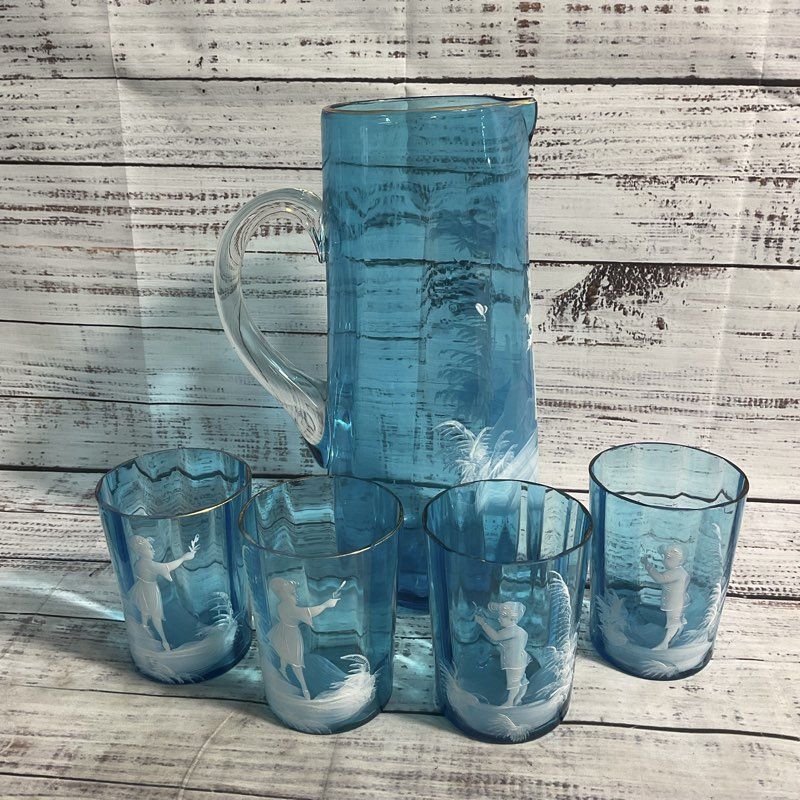 VTG. Mary Gregory Hand Painted Blue Glassware Pitcher & Cups 5 Pc. Set