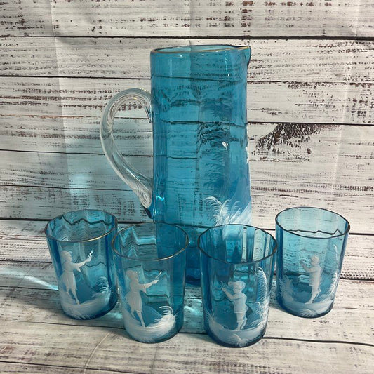 VTG. Mary Gregory Hand Painted Blue Glassware Pitcher & Cups 5 Pc. Set