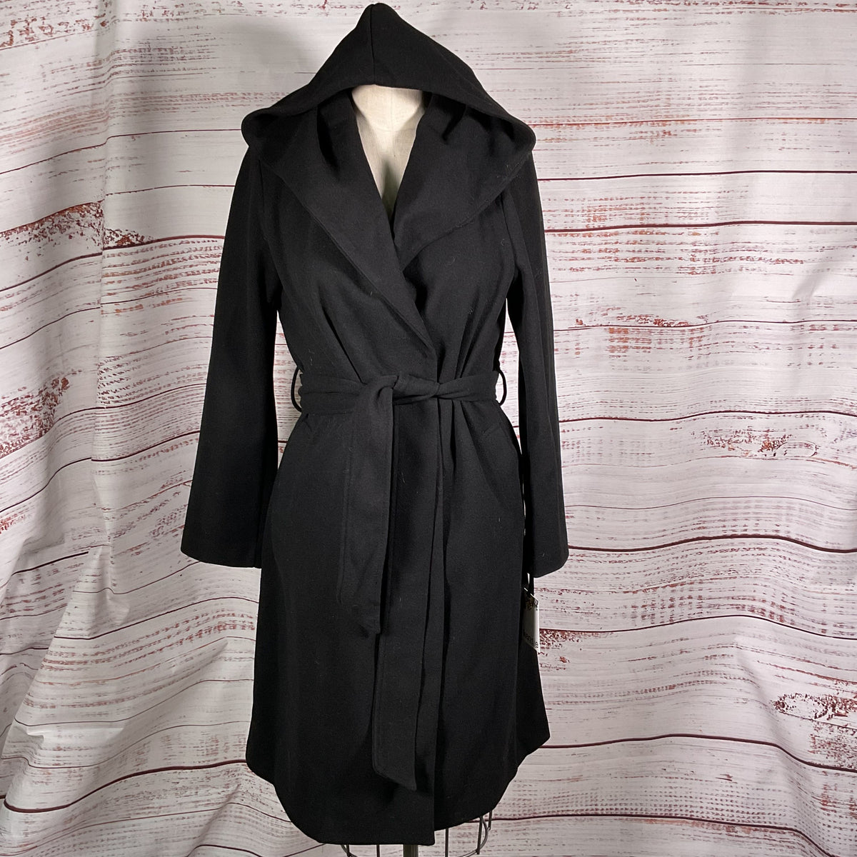 KENSIE Women's Black Hooded Belted Overcoat- SZ M