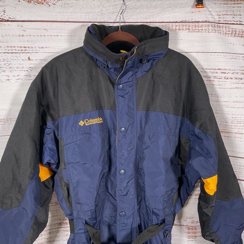 Columbia Blue/Black/Yellow Retro Belted Ski Snow Jumpsuit - Size M