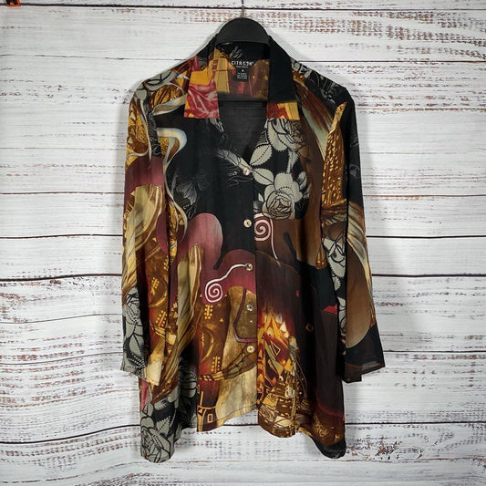 Citron Black Abstract Pattern Silk Blend Blouse - Size S
