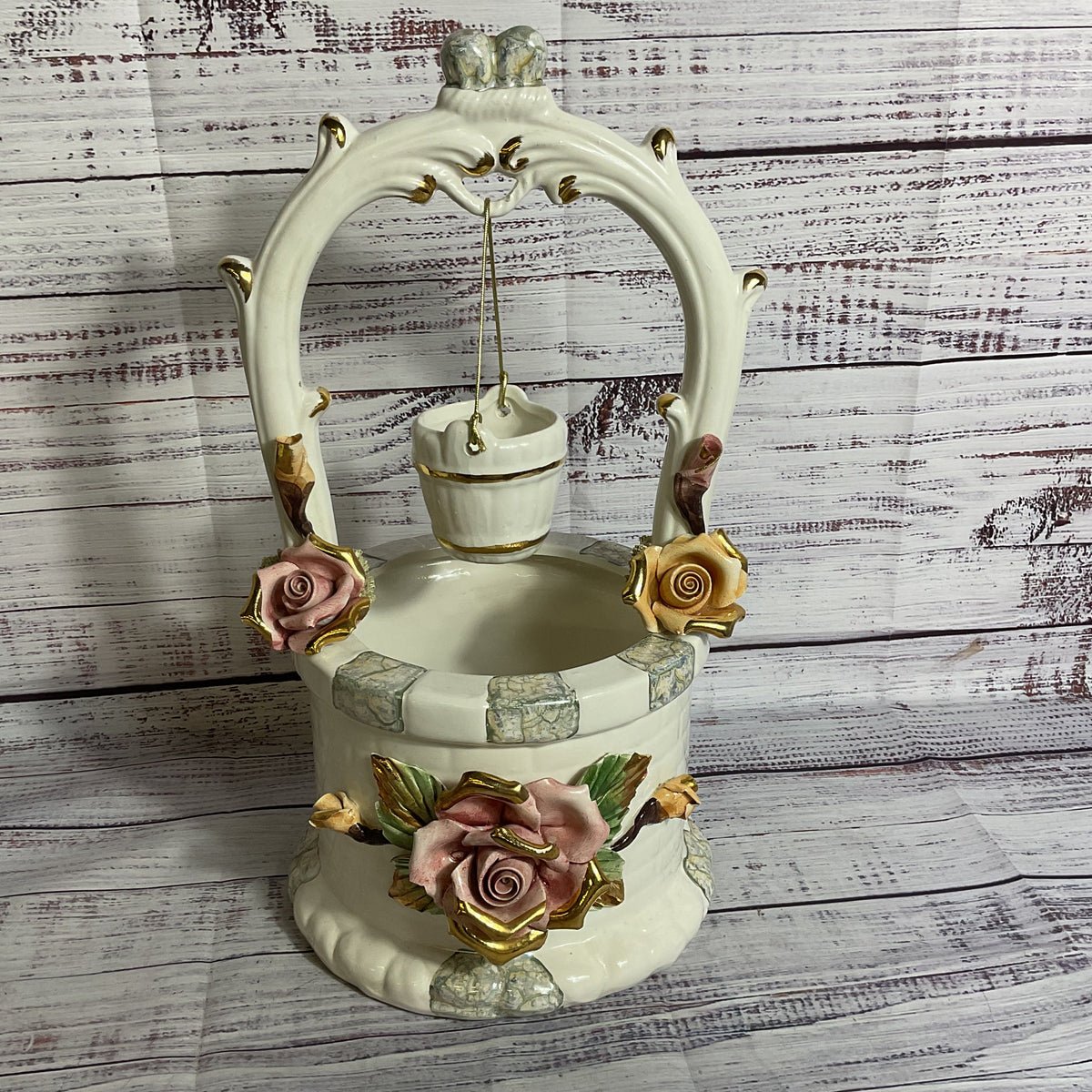VTG./ANTIQUE CAPODIMONTE Porcelain Wishing Well with Hanging Bucket- 14"