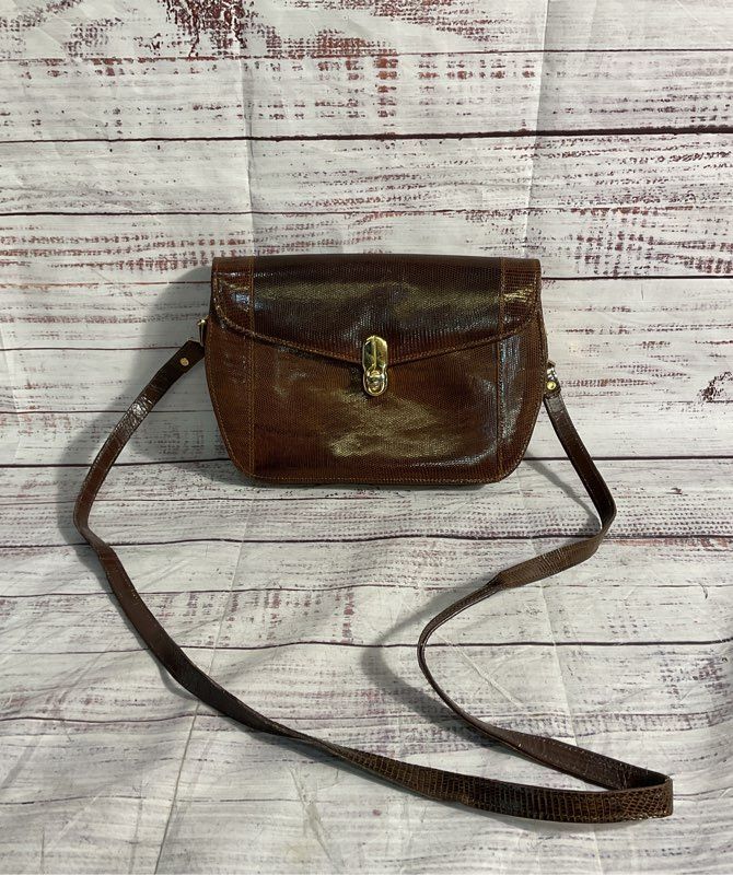 Vintage Brown Snake Embossed Leather Front Flap Shoulder Bag Women's