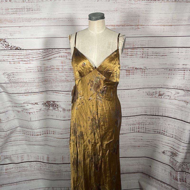 NWT Azazie Atelier Rochelle Antique Gold Spaghetti Strap Maxi Dress - Size 12