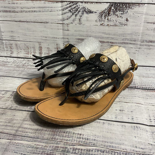 Valentino Garavani Black Leather Fringe Coin Detail Gladiator Sandal Flats sz 6
