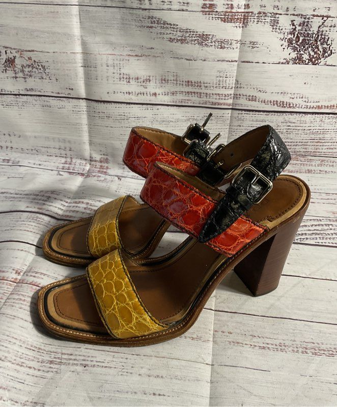 Prada Women's Leather Heels Multicolored Strap Croc Embossed Size 37 EU 7 US