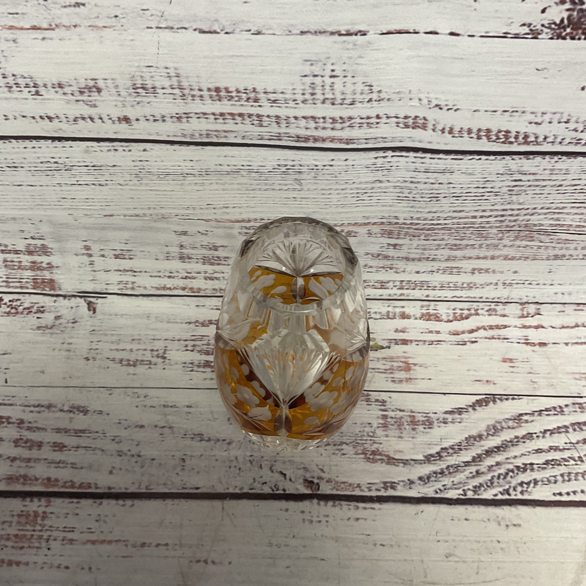 Vintage Hand Cut Lead Crystal Clear Amber Glass Flower Poland 5" Small Vase