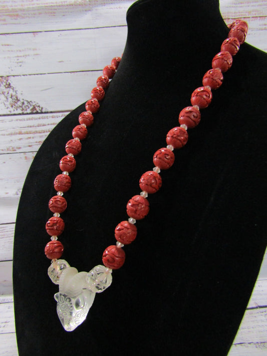 Handcrafted Chinese Year of The Goat Beaded Cinnabar Glass Goat Pendant Necklace