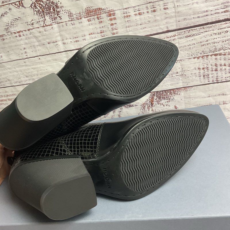 Hogan Tronchetto Zip Faux Snake Black Leather Heeled Bootie Women's Size 9.5 US